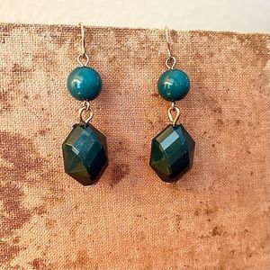 Earrings ~ Vintage ~ Pierced ~ Green ~ Multi-Faceted w/ Round Bead ~ 1 1/4”